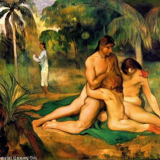 Prompt: a couple in the garden of eden, peaceful, painted by Eugene Delacroix, Paul Gauguin, Edward Hooper, 8k, Peter Doig, abstract oil paint, detailed, realistic, small spot of melting paint drips all over