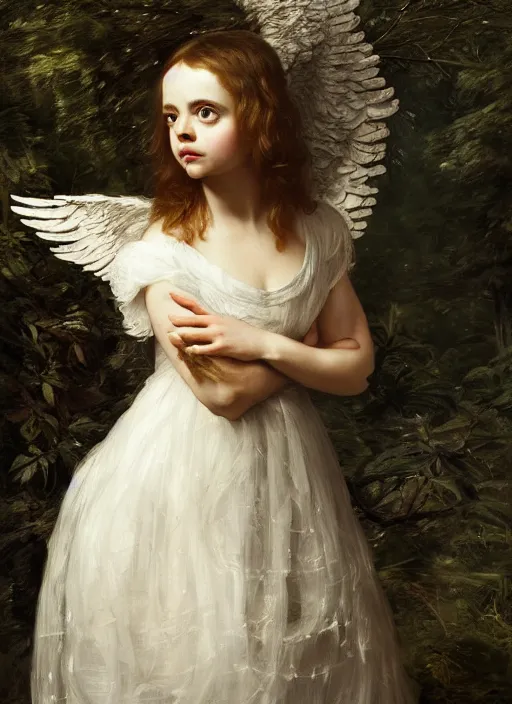 Image similar to Beautiful angel teenager, Looks like Christina Ricci, In the woods, Dramatic, Edge, Good, Infused, Backlight, De-Noise, VFX, insanely detailed and intricate, hypermaximalist, elegant, ornate, hyper realistic, super detailed, by Anthony Van Dyck, by Ivan Shishkin, by John Constable