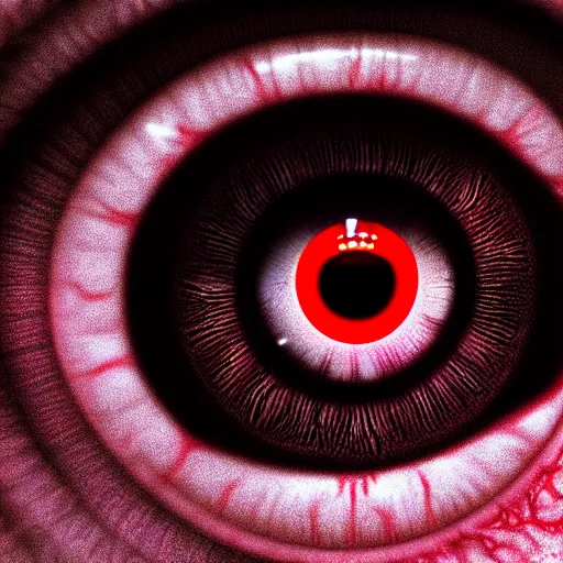 Image similar to a detailed extremely close up of inside the iris, cornea, red image, microscopic, extremely close up drawing by junji ito, cgsociety, generative art, lovecraftian, parallax, cosmic horror, extremely detailed, hyperrealism, unreal engine, octane render, award winning, masterpiece, highly detailed, realistic, 4 k, digital