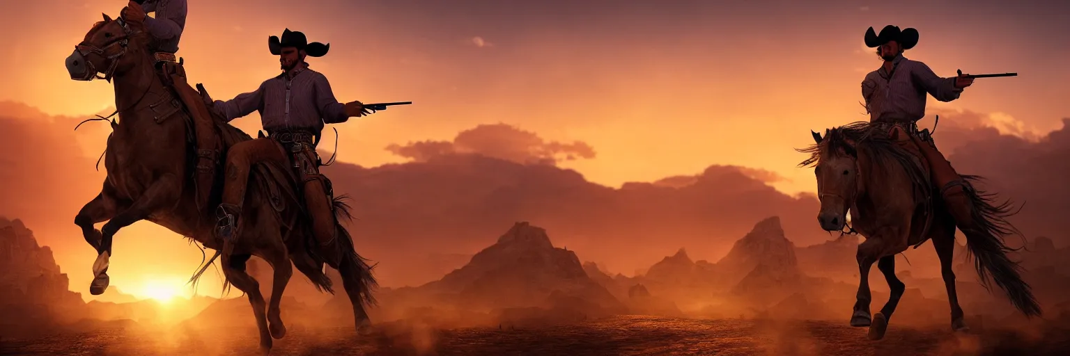 Prompt: a cowboy riding a horse and shooting a gun into the air, wild west background, sunset. digital art. amazing quality. perfect lighting. Professional design. Great composition. Mind blowing detail. award winning art. impressive colors. trending on artstation.