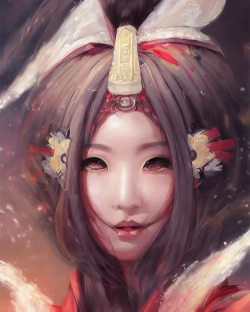 Image similar to portrait of oichi , sana from twice, sengoku basara in the paintetly style of WLOP, artgerm, brush stroke oil painting, imagine fx, artstation