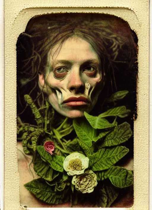 Image similar to beautiful and detailed rotten woman made of plants and many different types of flowers, muscles, intricate, organs, ornate, surreal, john constable, guy denning, gustave courbet, caravaggio, romero ressendi 1 9 1 0 polaroid photo