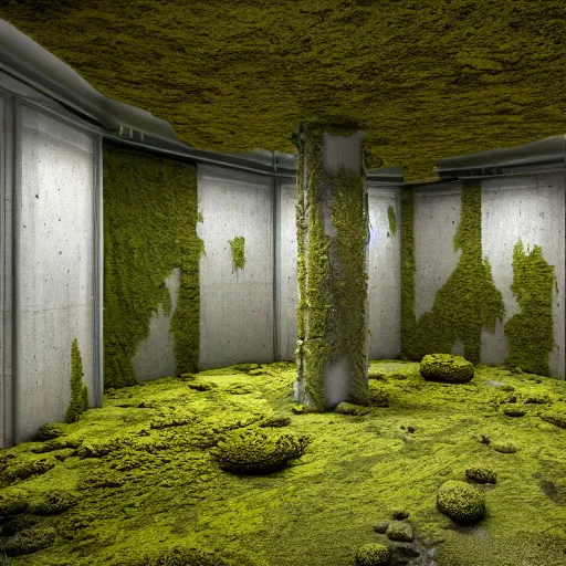 Prompt: an abandoned futuristic laboratory covered in moss and molds, highly detailed, 8k, octane render,