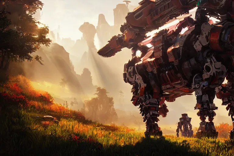 Image similar to grazer machine mecanical creature robot of horizon forbidden west horizon zero dawn radiating a glowing aura global illumination ray tracing hdr fanart arstation by ian pesty and alena aenami artworks in 4 k