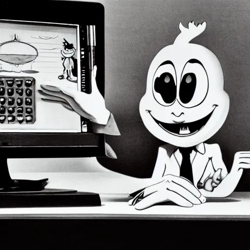 Prompt: a black and white photograph of a mischievous computer screen, by gary baseman, by robert crumb, by jim henson, high contrast, soft lighting, surreal, film photography