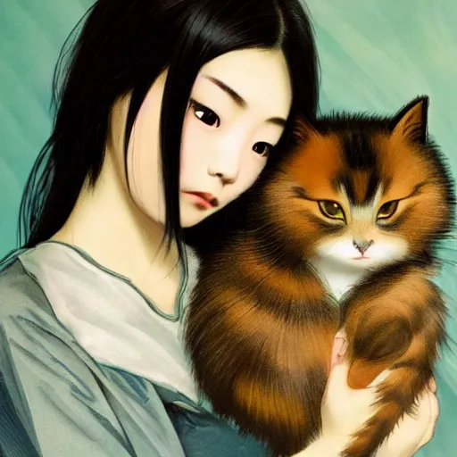 Image similar to cute emo taiwanese woman, with long dark hair, thick eyebrows!!! dark eyes and dark circles!, wide nose!!!, big eyes, oval face shape, big cheeks!, she is holding a cat in her arms, by juan villafuerte, greg rutkowski and alphonse mucha, pexels contest winner, high quality photo, hd rtx