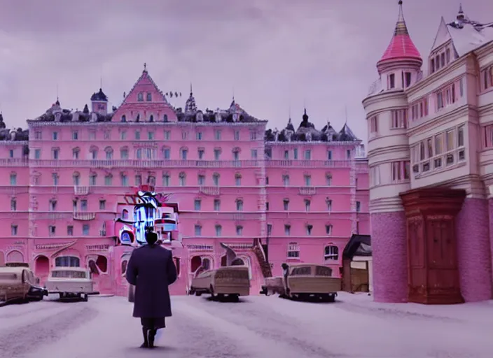Image similar to a film still of a pompous ostrich in the grand budapest hotel ( 2 0 1 4 ) )