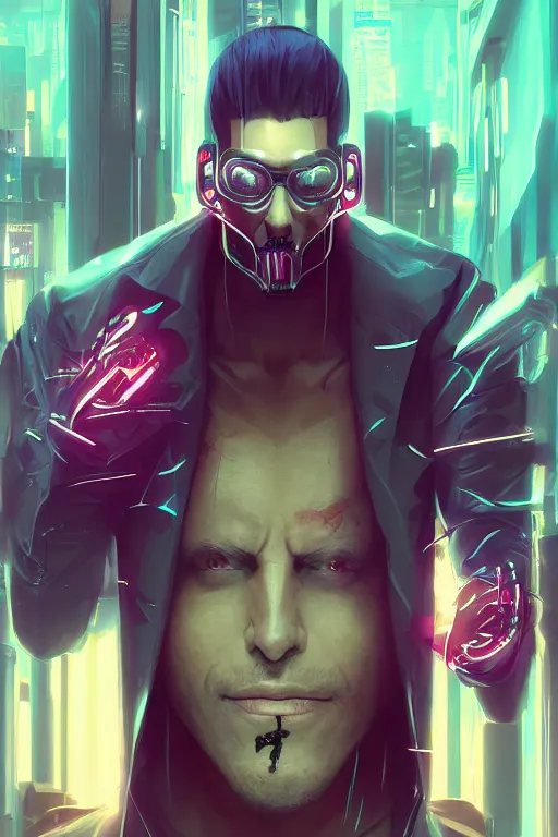 Image similar to cyberpunk horrific villain charismatic man, behance hd. by wlop, rhads, makoto shinkai, ilya kuvshinov, igor goryunov artgerm. ray tracing hdr radiating a glowing aura