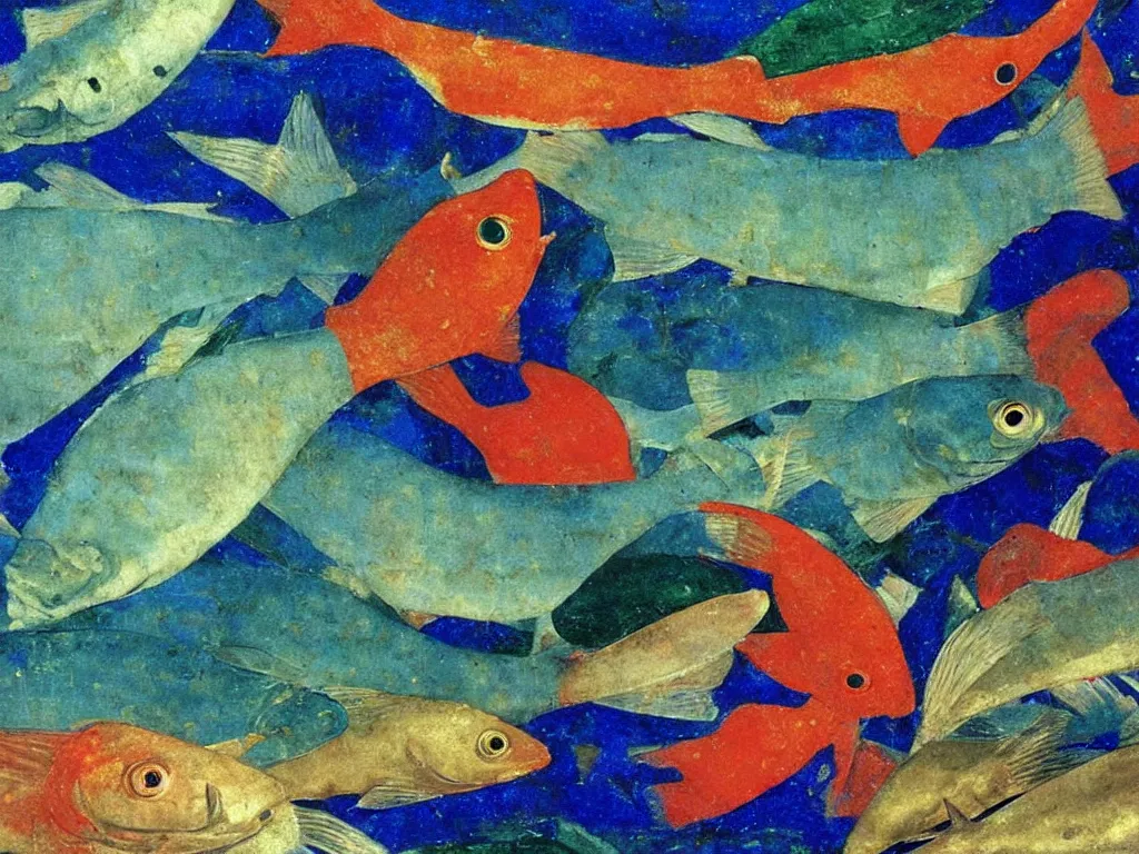 Image similar to close up of exotic, beautiful fish. lapis lazuli, malachite, cinnabar, gold. painting by piero della francesca, balthus, agnes pelton