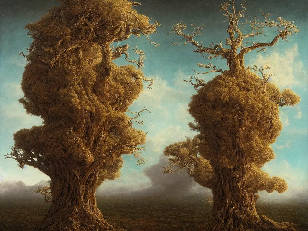 Prompt: a artistic multicalors zoom out picture with singular human -tree with crown like mycelium branches highly detailed by Agostino Arrivabene, by Albert Bierstadt, by Albert Koetsier and by Agnes Lawrence Pelton