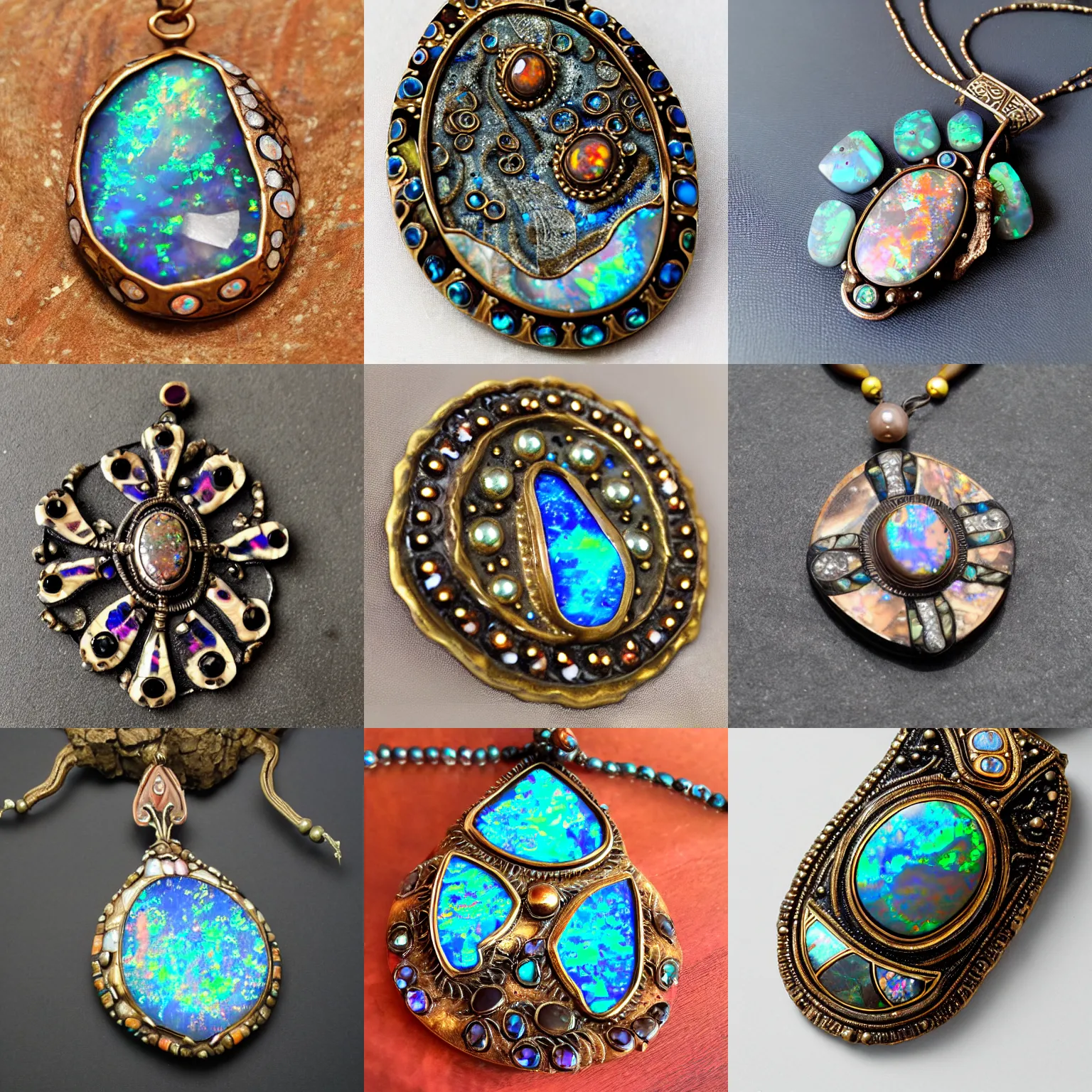 Prompt: photo of jeweled talisman, intricate, rococo, made of boulder opal, bronze inlays, product photography