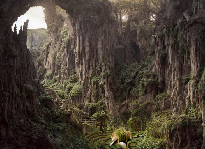 Image similar to jim henson's labyrinth at dawn. the maze of stone corridors is spread out over the hills surrounding the goblin king's castle by edgar maxence and caravaggio and michael whelan and delacroix style, artistic, intricate painting, cinematic lighting, hyper realistic, extremely detailed, establishing shot, 8 k resolution, dramatic lighting