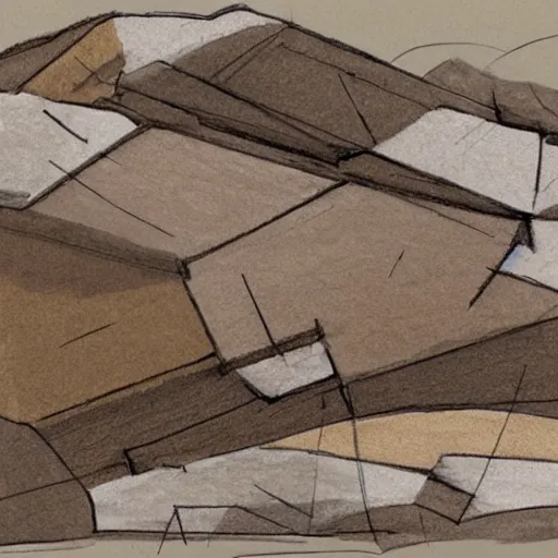 Image similar to masterpiece abstract intricate painting of detailed highly layered angled rocky field along a landscape surface of rectangular shapes. thin pencil rough sketch lines slanting down provide a sense of movement. quarter view angles. beautiful use of light to create a sense of a stony surface. using architectural techniques with an engineering quality and a rich earthy color palette, providing a mathematical feel.