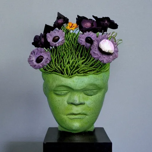 Prompt: earthy by maurice sendak, by dorothea tanning pitch black. a sculpture of a group of anemones in a vase