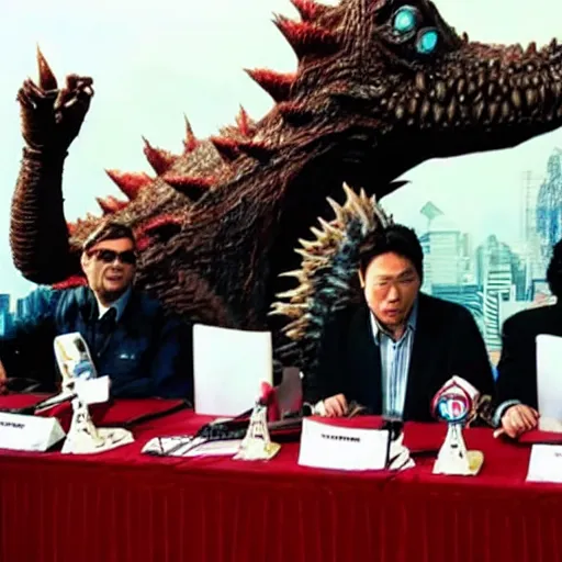 Prompt: monsters from the godzilla series give a press conference to apologize for destroying cities.