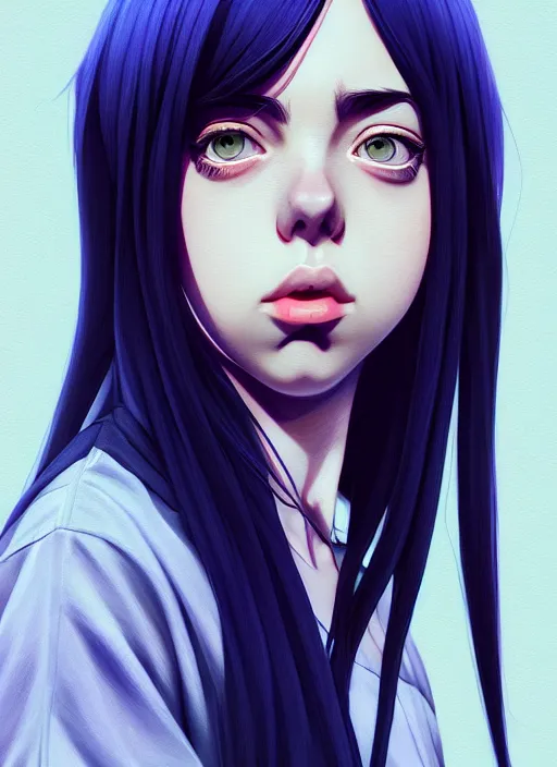 Image similar to a potrait of billie eilish as an anime, fine, realistic, shaded, lighting, ilya, kuvshinov, katsuhiro, artgerm, jeremy, lipkin, michael, garmash detailed digital art, radiant, light, detailed, intricate, environment