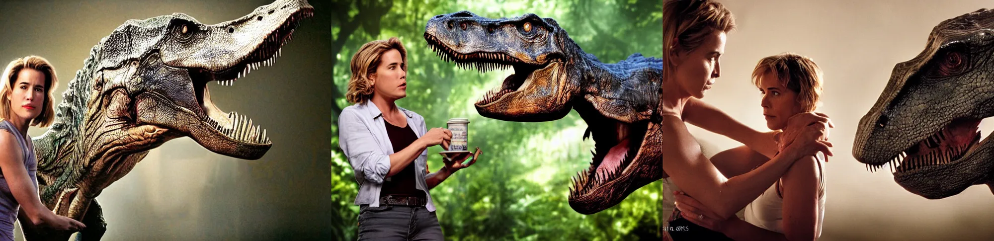 Prompt: scene from jurassic park featuring tea leoni and a tyrannosaurus rex in the style of leda and the swan. cinematic, 5 0 mm, studio lighting