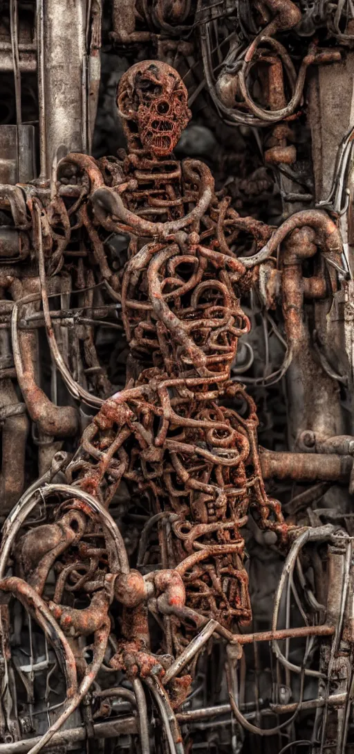 Image similar to body horror of human being consumed by machinery and rusty pipes and wires, scary, horror, 4K, disturbing, weird,