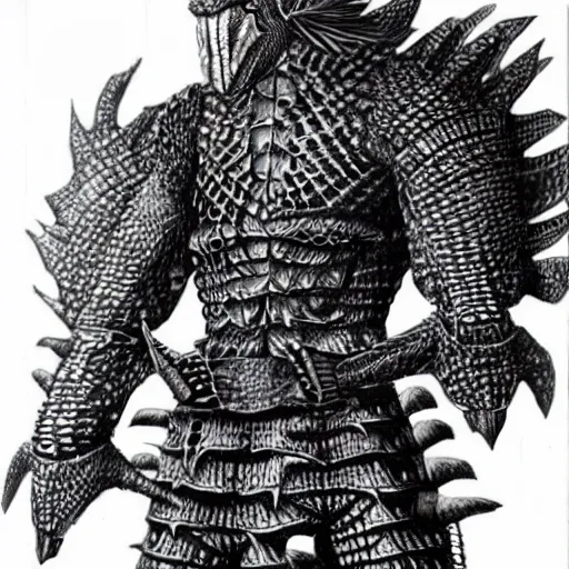 Image similar to anthro crocodile crocman wearing tribal armor, artwork by kentaro miura, crocodile man, kentaro miura art