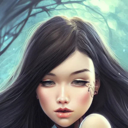 Image similar to teen girl, long black hair, gorgeous round face, brown pollover, amazing, elegant, intricate, highly detailed, digital painting, artstation, concept art, sharp focus, illustration, art by ross tran