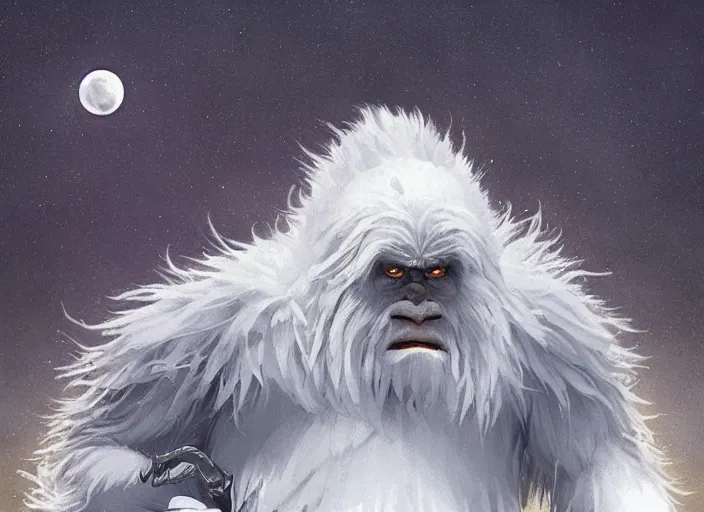 Image similar to giant yeti monster attacking eskimos, digital painting, matte, sharp focus, dramatic, full moon, digital illustration art by artgerm and greg rutkowski and alphonse mucha