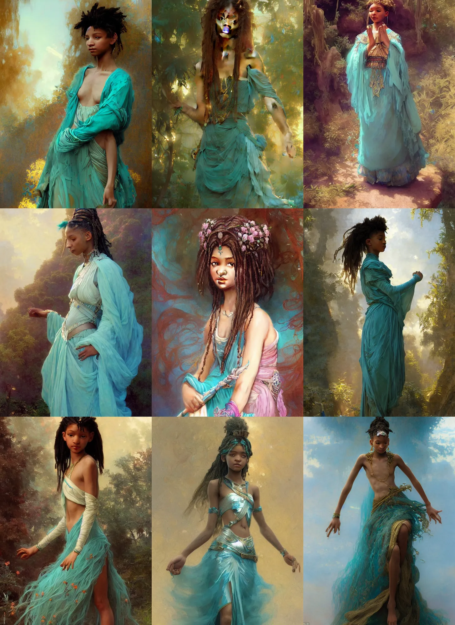 Prompt: willow smith zendaya young, ancient libu princess, teal skirt, intricate, highly detailed, artstation, digital illustration, orientalism, bouguereau, mucha, ruan jia