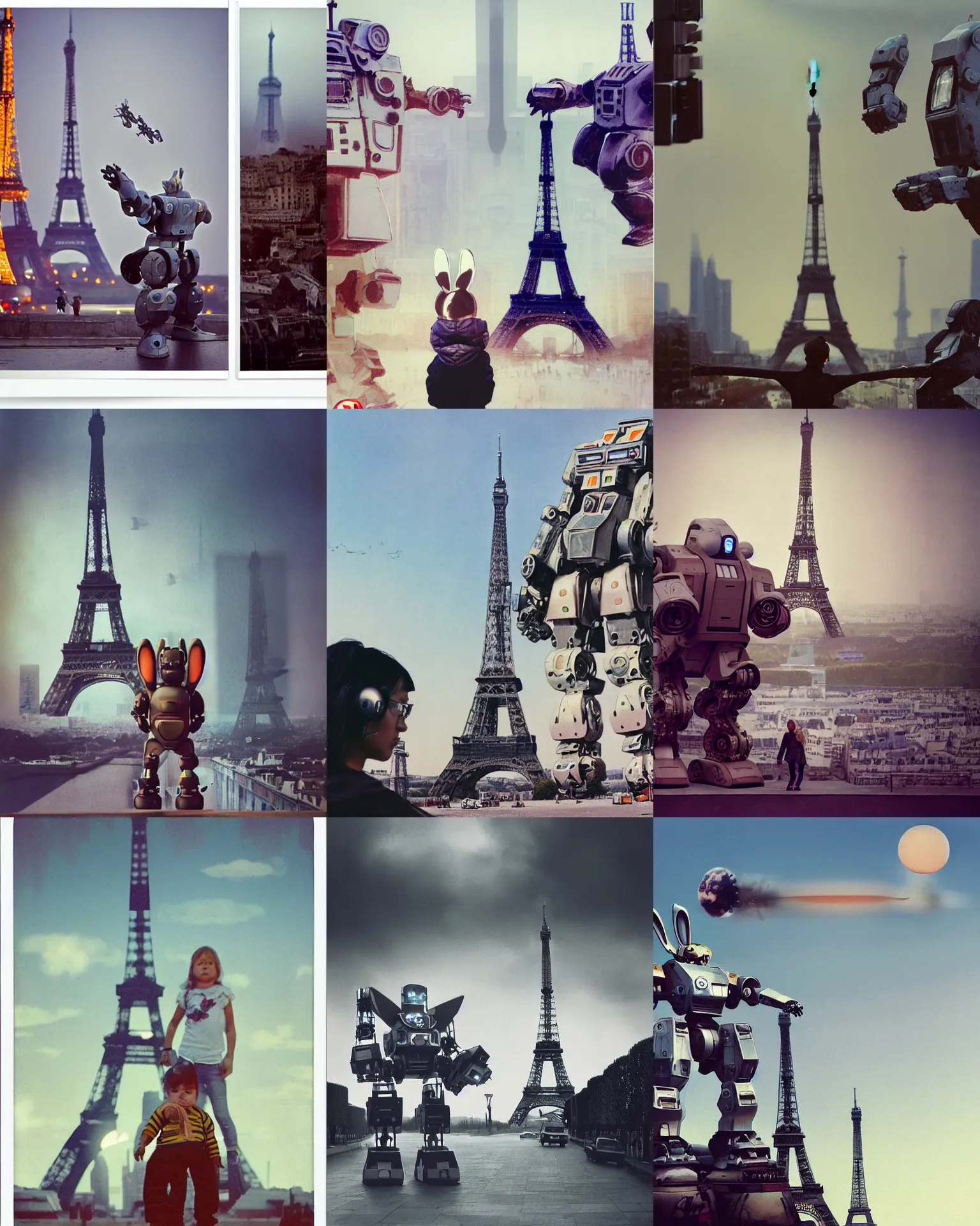 Prompt: giant oversized baby futuristic chubby battle robot mech with giant rabbit ears as giant cyborg baby on village, Cinematic focus, eiffel tower in background , Polaroid photo, vintage, neutral colors, soft lights, foggy ,by Steve Hanks, by Serov Valentin, by lisa yuskavage, by Andrei Tarkovsky