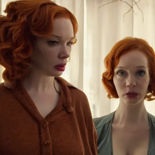 Image similar to a very surprised beautiful Christina Hendricks and her twin sister in the living room, film still from the movie directed by Denis Villeneuve with art direction by Salvador Dalí, wide lens