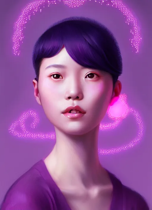 Image similar to portrait of chinese girl with bright pink hair, curly pixie cut hair, wearing a purple cap, breton cap, intricate, elegant, glowing lights, highly detailed, digital painting, artstation, concept art, smooth, sharp focus, illustration, art by wlop, mars ravelo and greg rutkowski