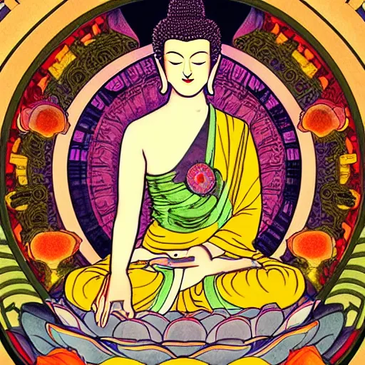 Image similar to buddha, mucha style,