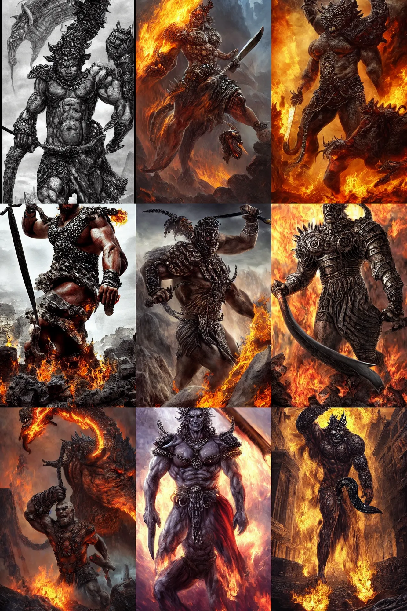 Prompt: immense, colossal demon. brutal. with bulging muscles. wearing a silver mesh necklace filled with amber. holding an enormous obsidian sword. rampaging across the burning ruins of an ancient city. many different styles.