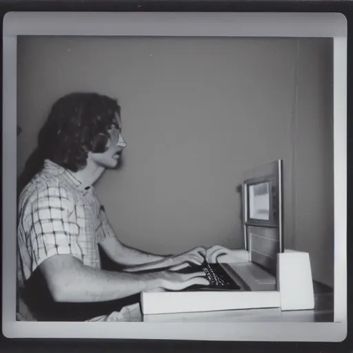 Image similar to Detailed polaroid photograph of a guy sitting at his 80s computer late at night in a dark room with only the screen lighting up the room