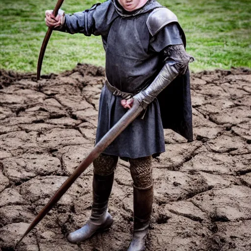 Image similar to Young medieval squire. Standing in the mud. Face closeup. Hyper realistic photo.