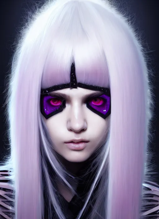 Image similar to hair whitebangs hair, black cyberlox, portrait of normal teenage girl, white bangs, messy bangs, fluffy bangs, cyberlox, whitebangs, red contact lenses, purple background, intricate, elegant, highly detailed, digital painting, artstation, concept art, sharp focus, smooth, illustration, art by wlop, mars ravelo and greg rutkowski