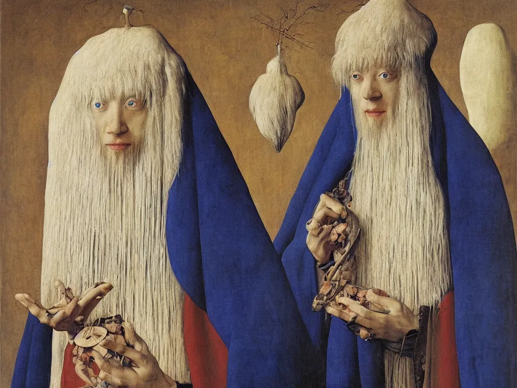 Prompt: Portrait of albino mystic with blue eyes, with exotic beautiful diatom. Painting by Jan van Eyck, Audubon, Rene Magritte, Agnes Pelton, Max Ernst, Walton Ford