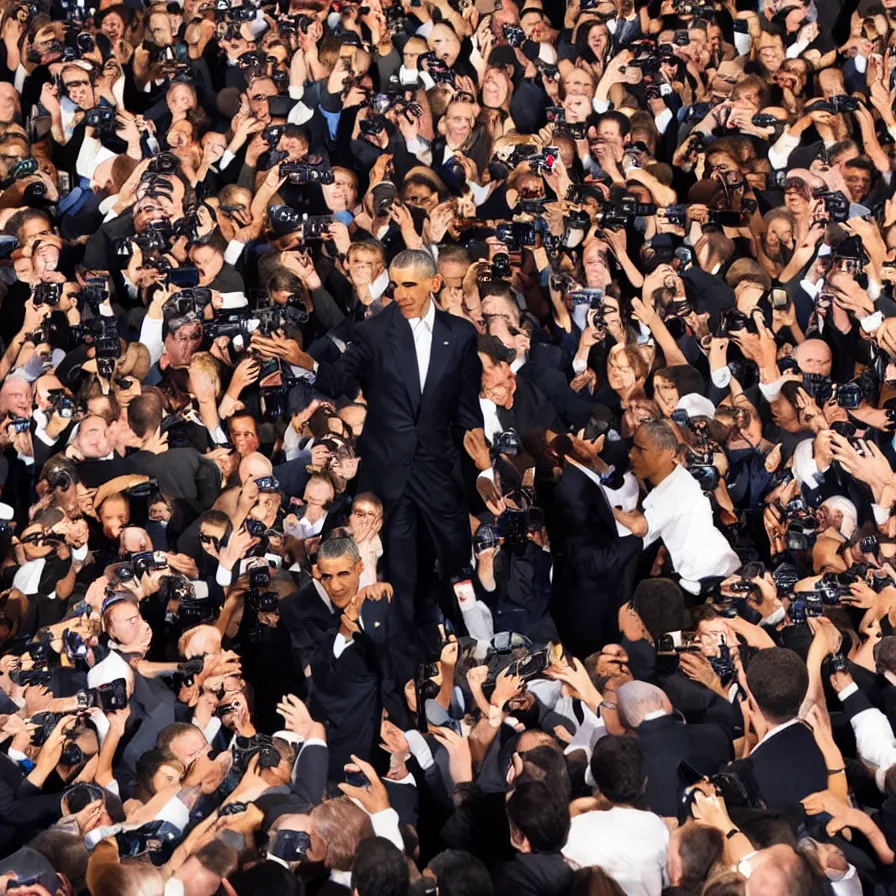 Prompt: award - winning photograph of barack obama!!!!!!! bending and looking down at the camera, megalophobia, very low - angle shot, camera looking up, worm's eye view, professional picture, very highly detailed, cinematic lighting, spotlights, muscular, photo, sharp, clear