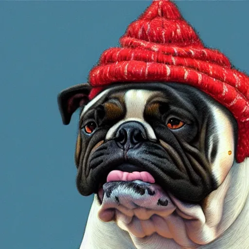 Prompt: close-up of a bulldog wearing a beanie, highly detailed, sharp focus, digital painting, artwork by Victor Adame Minguez + Yuumei + Tom Lovell + Sandro Botticelli