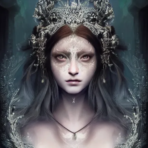 Image similar to symmetrical portrait of a beautiful dead princess female 4K symmetrical portrait, magical,fantasy , final fantasy, whole body, hyperrealism, cyberpunk, concept art, realistic, highly detailed, Featured on Artstation, cgsociety, Behance, Tom Bagshaw, Ross Tran, Japan Taiwan ,Soft lighting, attractive, highly detailed. intricate details. trending on artbreeder | zdzislaw beksinski. dariusz zawadzki. Michael Hutter. Peter Mohrbacher. Alfons Mucha. artstation