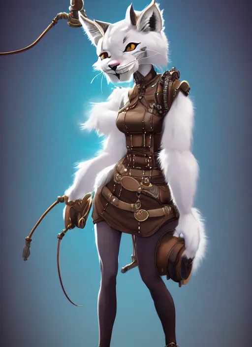 Image similar to wide angle beautiful full body portrait of a strong female anthropomorphic anthro lynx fursona wearing a steampunk dress. character design by disney, anime, manga, charlie bowater, ross tran, artgerm, and makoto shinkai, detailed, soft lighting, rendered in octane, white fur