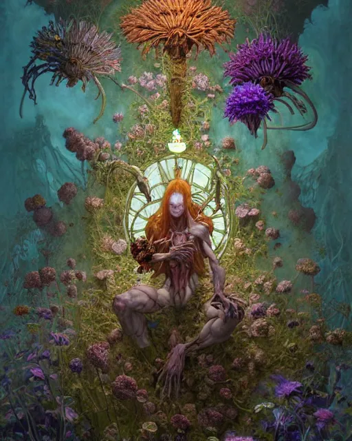 Image similar to the platonic ideal of flowers, rotting, insects and praying of cletus kasady carnage davinci dementor chtulu mandelbulb mandala ponyo dinotopia bioshock the witcher, d & d, fantasy, ego death, decay, dmt, psilocybin, concept art by randy vargas and greg rutkowski and ruan jia and alphonse mucha