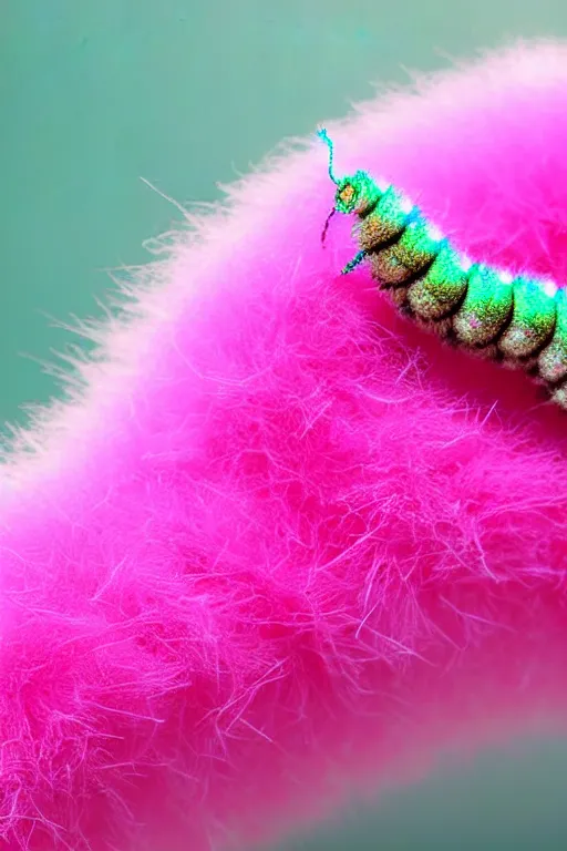 Image similar to high quality close-up photo pearlescent fluffy caterpillar! gorgeous highly detailed hannah yata elson peter cinematic pink lighting high quality low angle hd 8k sharp shallow depth of field