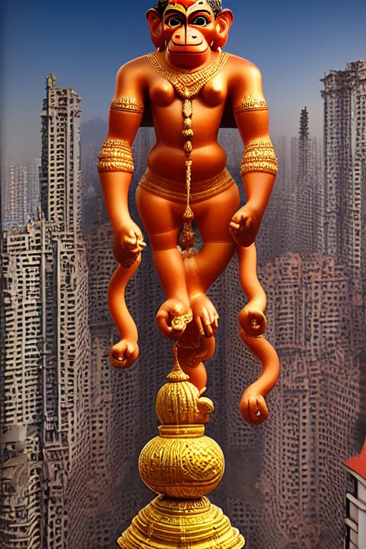 Image similar to high quality 3 d baroque biomorphic hanuman! buildings in mumbai!!, highly detailed, cinematic smooth, berenice abbott & john j. park, dramatic morning light, wide shot, high angle, uhd 8 k, sharp focus