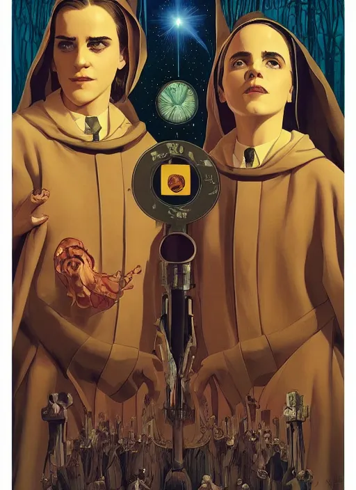 Image similar to poster artwork by Michael Whelan and Tomer Hanuka, Karol Bak of Emma Watson nun and Kiernan Shipka scientist, team up, science vs religion, from scene from Twin Peaks, clean