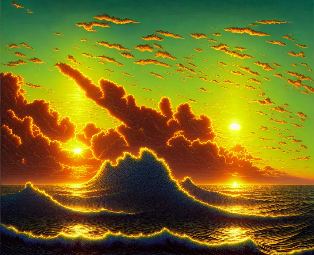 Image similar to the sun rising just above the horizon over the sea by dan mumford and vladimir kush and donato giancola and ted withers and peter driben and greg rutkowski and roberto ferri, green water, synthwave, retrowave, highly detailed, high contrast, intricate details, blended palette