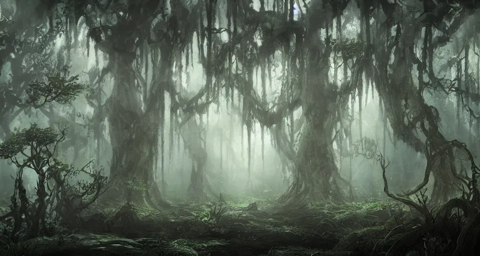 Prompt: A dense and dark enchanted forest with a swamp, by Artstation