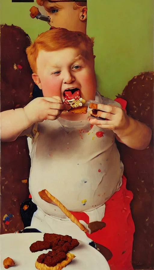 Image similar to painting of a ginger hair chubby boy eating a delicious cholocate chunks cookies, buzz cut, america, norman rockwell