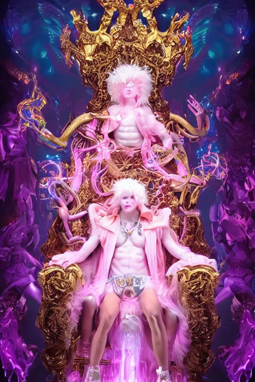 Image similar to full-body rococo and cyberpunk delicate neon crystalline sculpture of ((young muscular golden albino Colombian prince)) as an iridescent humanoid deity wearing ((peach plastic hooded cloak)) (holding a human skull) in a white castle dungeon, reclining, glowing pink face, crown of (pink lasers), large blue diamonds, swirling black silk fabric. futuristic elements. oozing glowing liquid, full-length view. space robots. intricate artwork by caravaggio. Trending on artstation, octane render, cinematic lighting from the right, hyper realism, octane render, 8k, depth of field, 3D