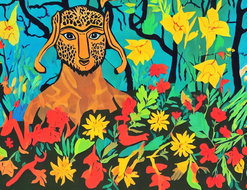 Prompt: animal god of ( ( ( flowers ) ) ) in the winter!!! woods. gouache, limited palette with complementary colors, children's cartoon from the 2 0 0 0 s, backlighting, bold composition, depth of field.