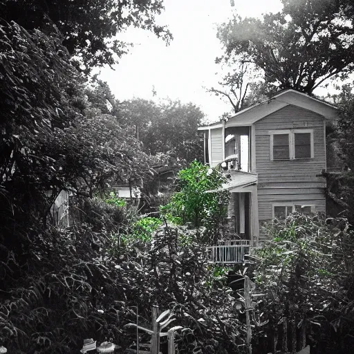 Image similar to poor neighborhood, overgrown, photo taken from a porch