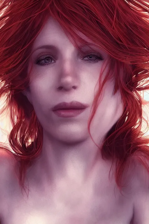 Image similar to portrait of a beautiful redhead woman, mylene farmer, flowy hair, cinematic lighting, highly detailed, digital painting, trending on artstation, pixiv, concept art, sharp focus, illustration, hyper detailed digital matte painting, concept art, cinema 4 d, 8 k resolution, trending on artstation, behance hd